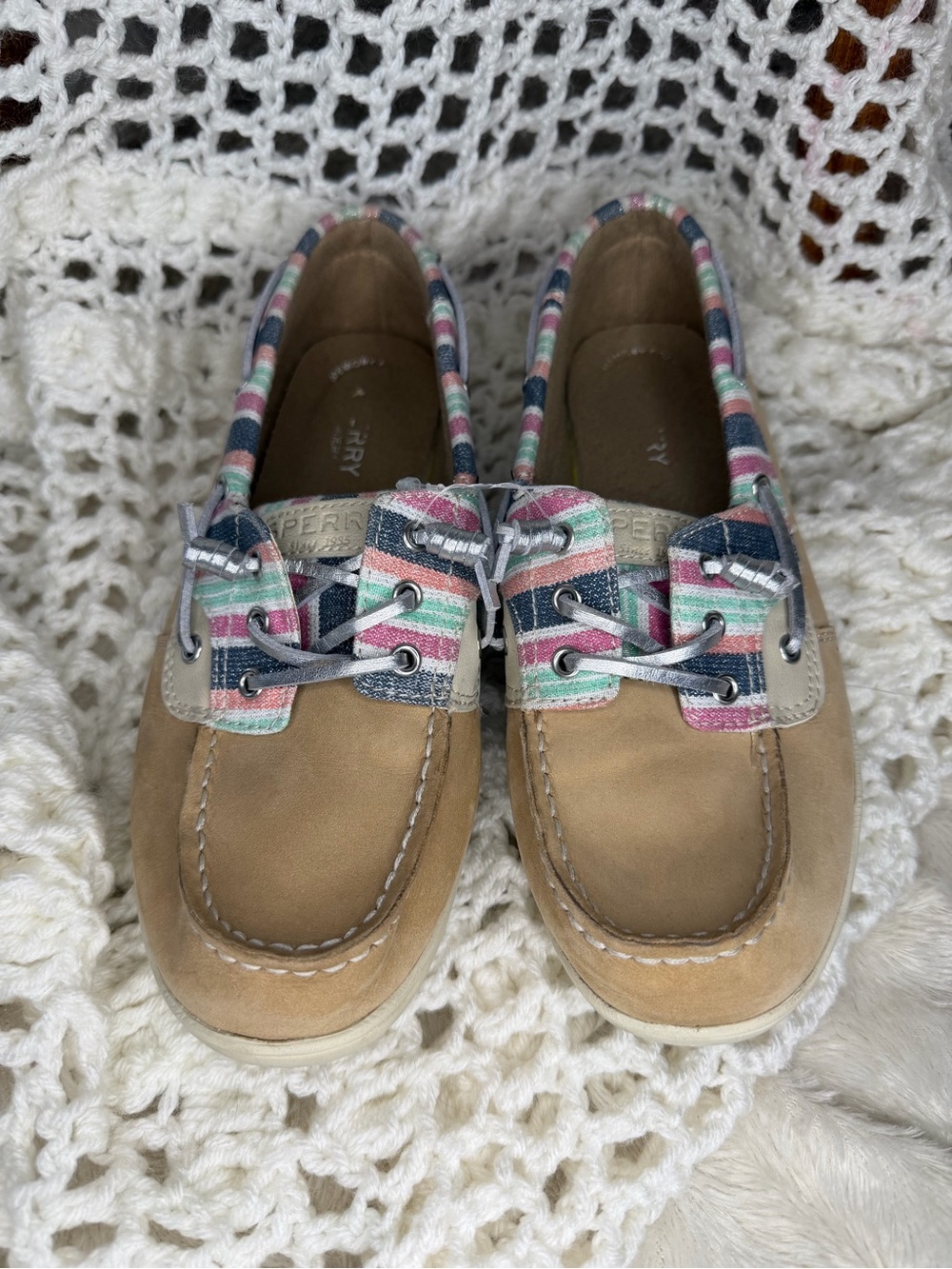 Sperry Tan Boat Shoes with Multicolor Stripe Trim